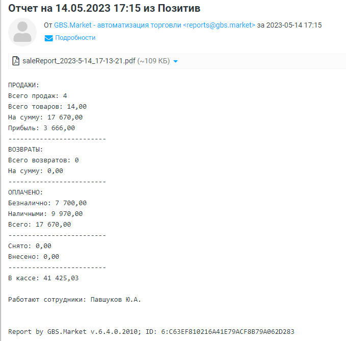 Пример письма с отчетом о работе магазина